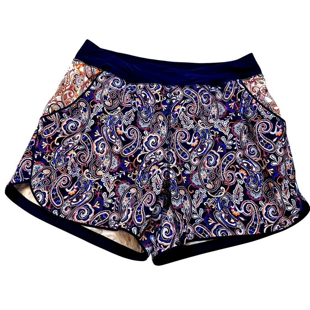 Lands End Womens Navy Paisley Swim Board Shorts Pockets Liner Size X Large READ